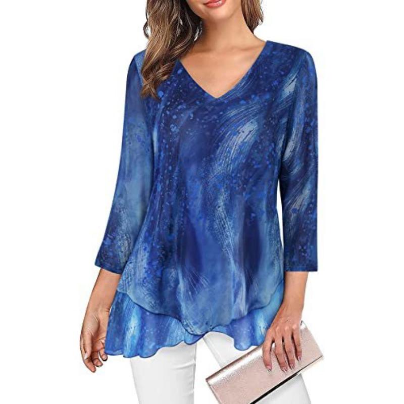 Summer Loose Seven-quarter-sleeved Chiffon Blouse Women V Neck Loose Plus Size Irregular Shirt Fashion Elegant Printed Female Top Mesh Clothing 3276