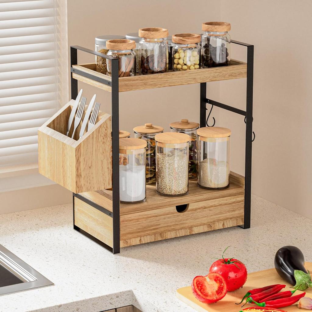 Organizzatore da Bancone per Bagno a 2 Livelli con Cassetto Organizer in Legno per Bancone per Stoccaggio, Organizer per Prodotti da Skincare per Toeletta, Scaffale da Bancone per Bagno
