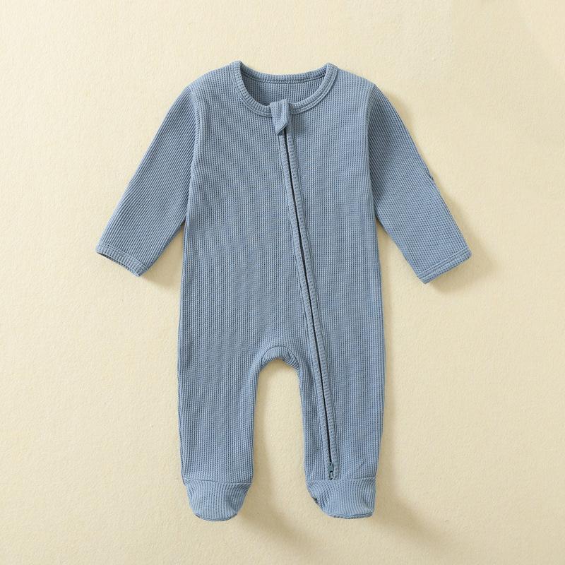 Organic Cotton Baby Rompers Waffle 100% Cotton Infant Boys Girls Jumpsuit Zipper Footed Solid Long-Sleeve Pajamas Sleepsuits 3M синий