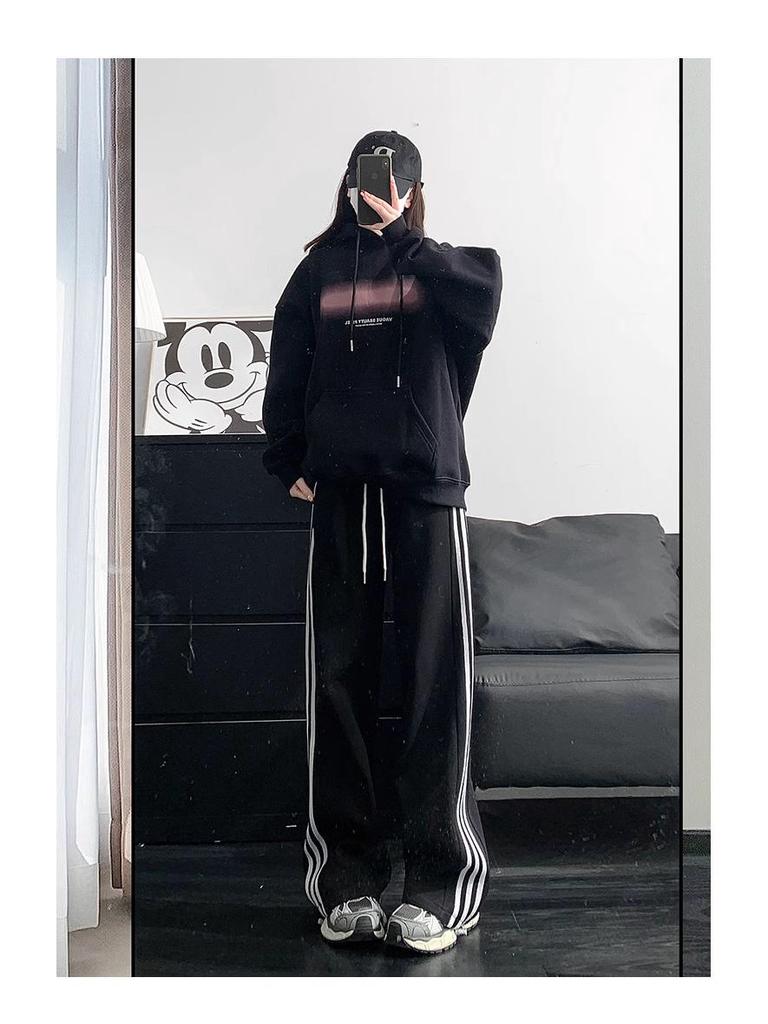 Women's White Gray Striped Wide-Leg Sweatpants - New for Spring & Autumn 2024