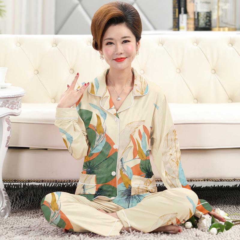 Frühlings- und Herbstpyjama Damen Imitationsbaumwolle langärmelig dünn hochwertig reiche Blume Mutter Loungewear-Set