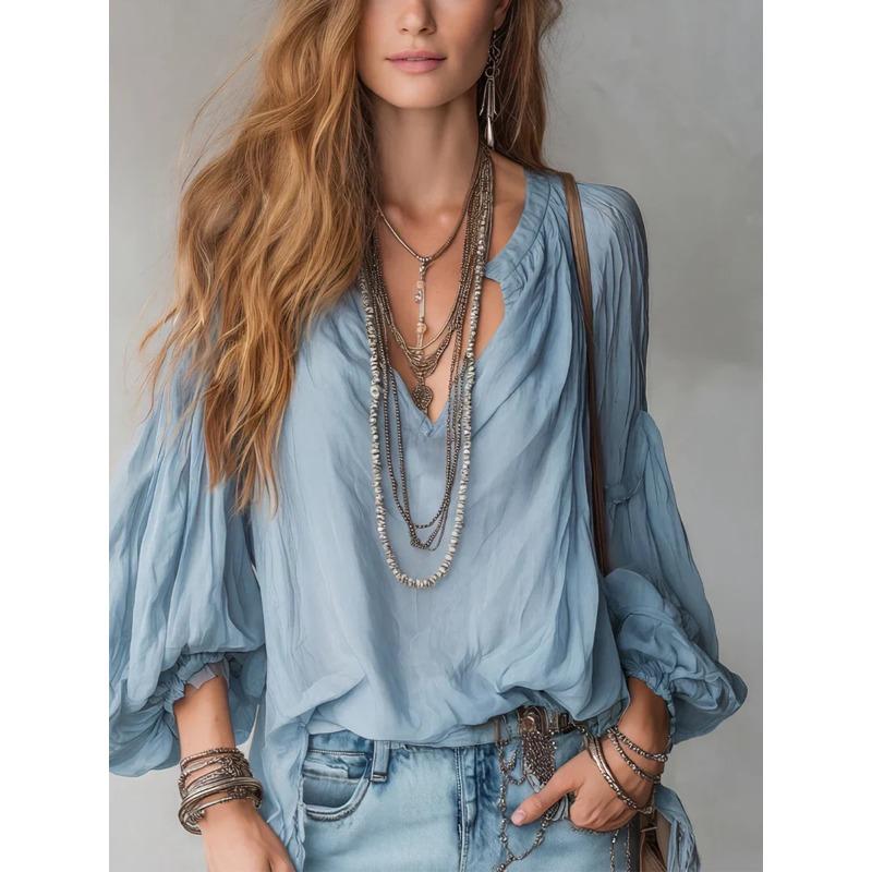 Women Casual Loose Bohemian Style V Neck 3 4 Sleeve Lantern Sleeve Shirt