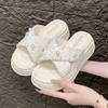 Fashion Cross-Tied Shoes Woman 2025 Low House Slippers Platform Pantofle String Bead Summer New Cotton Fabric Slides Rome Rubber PU Hoof