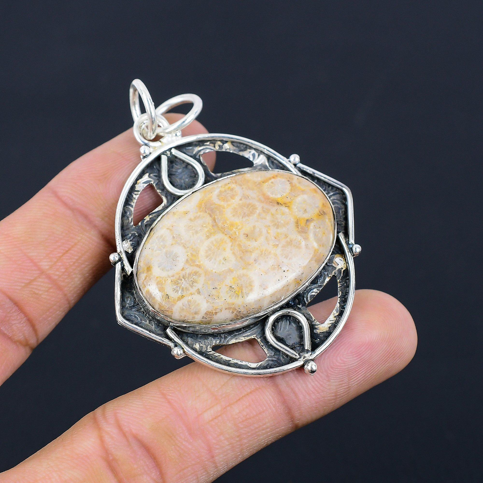 

925 Silver Fossil Coral Gemstone Ethnic Unique Root Chakra Wife Pendant Jewelry