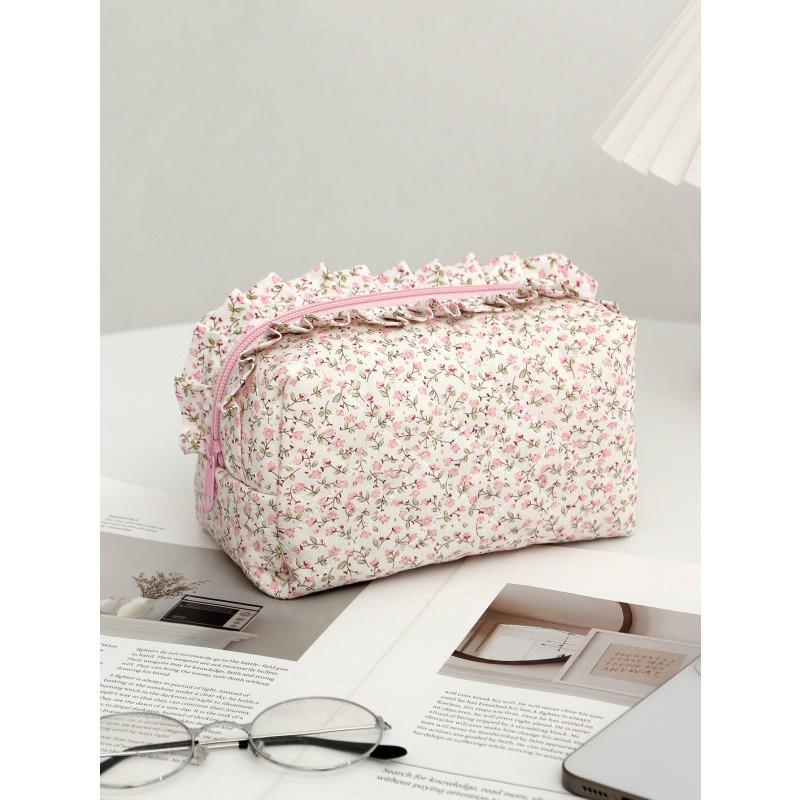 Ruffled Edge Bowknot Floral Print Makeup Bag Large Capacity Quilting Pen Bag Women Cosmetic Storage Bag Travel Wash Bags Clutch