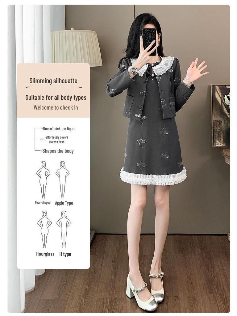 2025 Herbst Französisch-Chinesischer Stil Schlankmachendes Damen Taillenbetonendes Kleider-Set