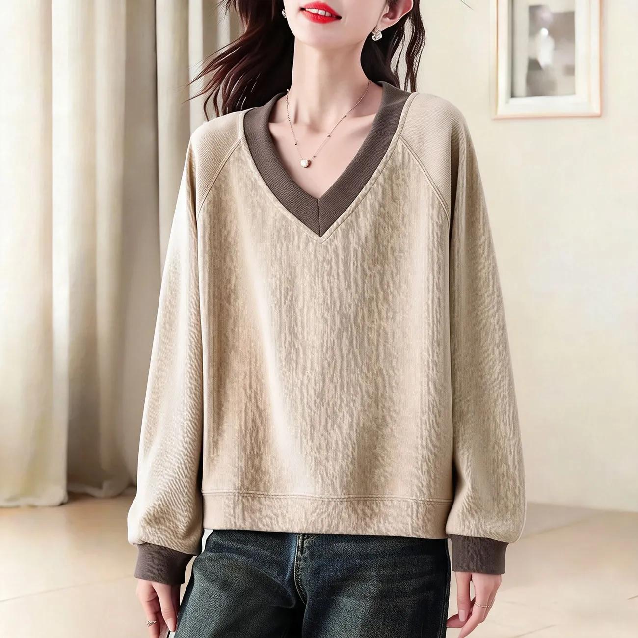 Women S V Neck Color Block Oversized Long Sleeve Pullover Hoodie L