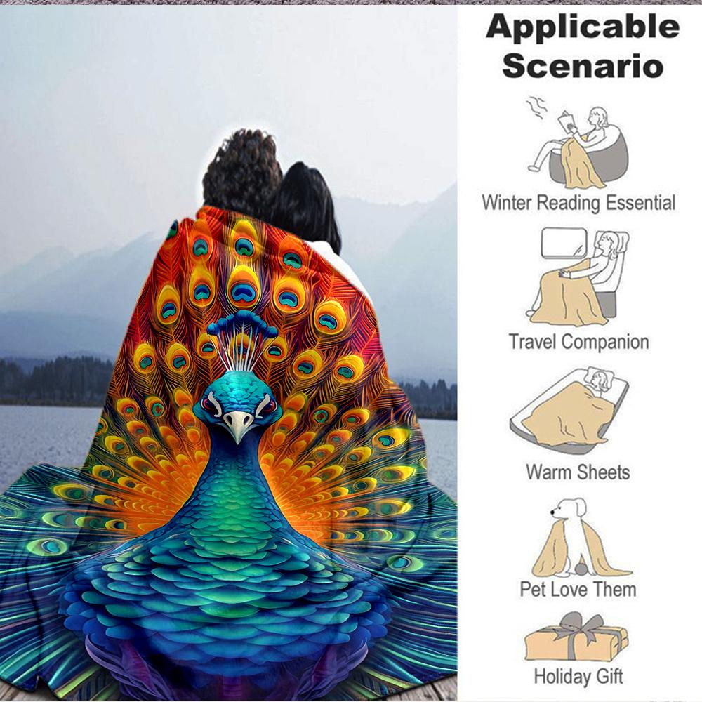1pc Peacock Feather Blanket Lightweight Flannel Blanket Throw Blanket For Sofa, Bed, Travel, Camping, Livingroom, Office, Couch, Chair, And Bed yy2510