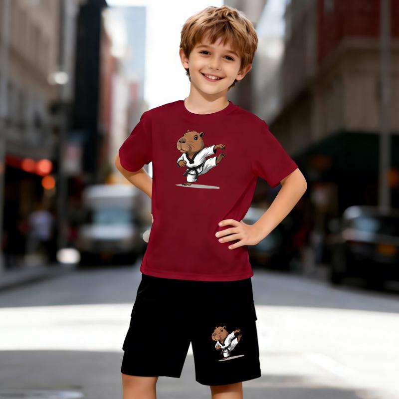 Boys 2 Piece Capybara Cute Print Outfit, Short Sleeve T-Shirt and Shorts Set for Kids Age 5-14, Black and White Sporty Casual Summer Clothes