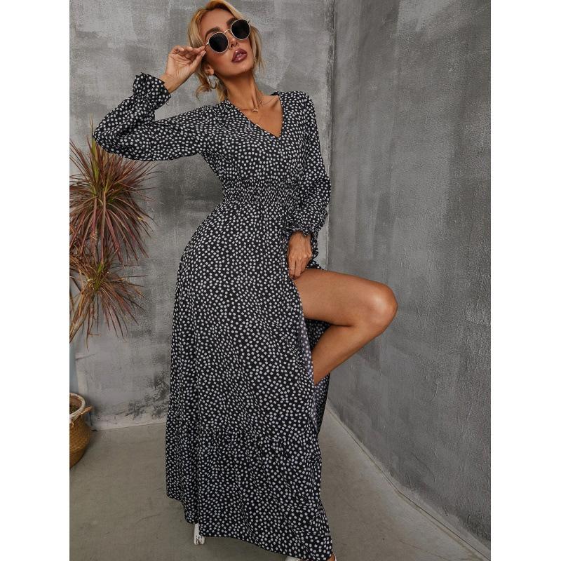 Women's Ditsy Floral V Neck Long Sleeve Maxi Dress High Waist Elastic Waist Ruffle Hem Boho Casual Dress