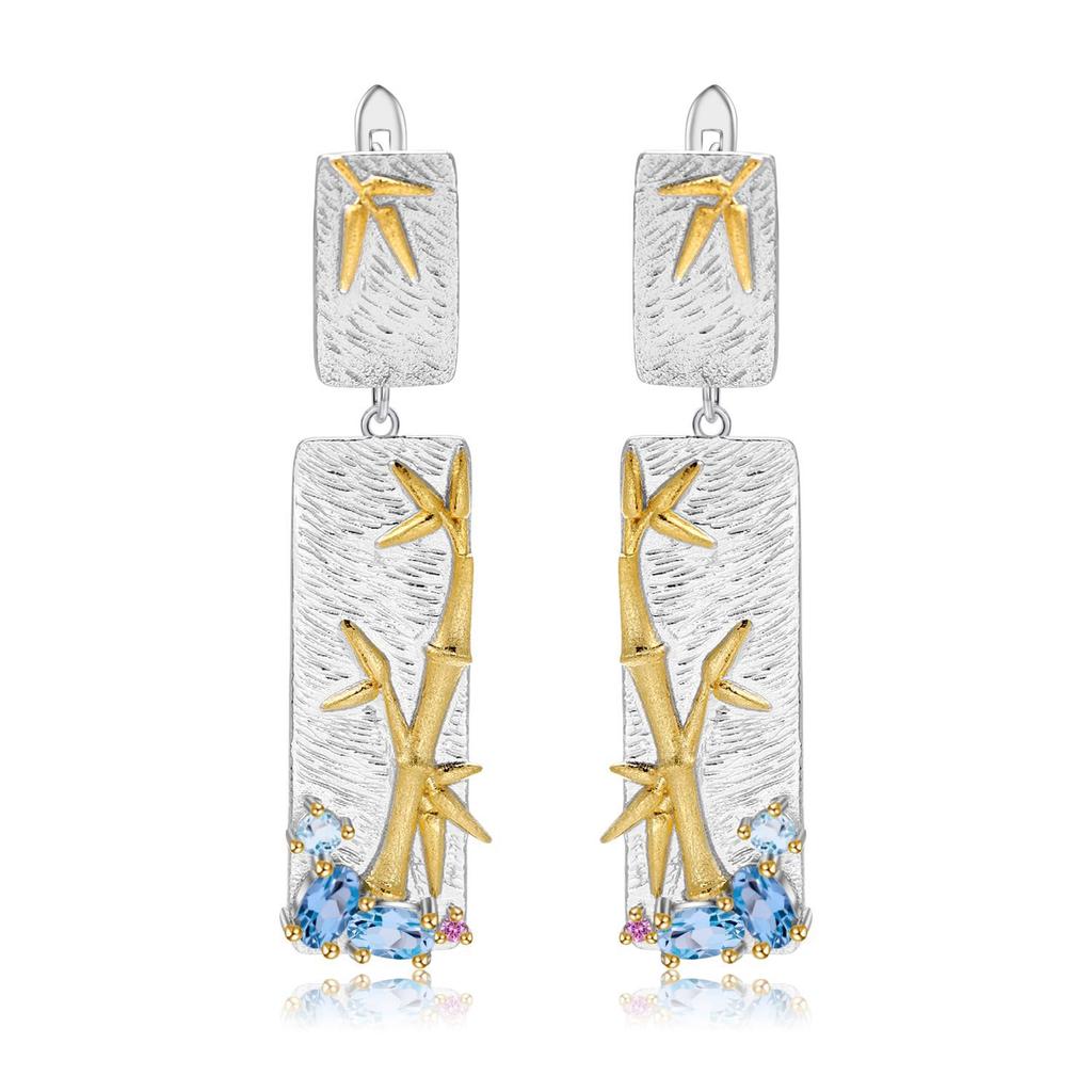 Cercei din piatră prețioasă din bambus în stil natural S925, argint sterling, design original, cercei cu topaz diopside natural ametist