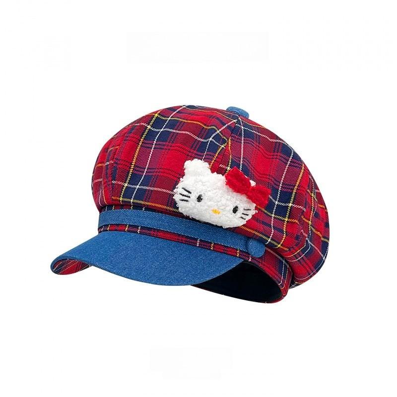 Hello Kitty Kt Cat Karriertes Cloche-Hut Mit Stickerei Für Sommerliche Freizeitkleidung