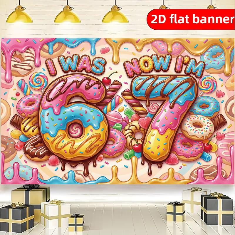2D Flat Banner Polyester Cartoon Donut Pattern Party Banner Holiday Party Decoration Background Cloth