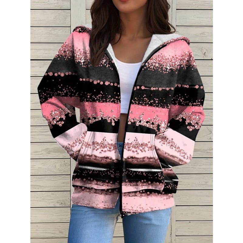 Damen Kapuzenpullover mit Reißverschluss, 3D-Druck, lange Ärmel, lässiger Sportstil