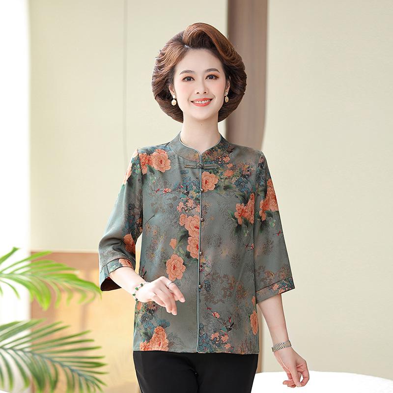 

Wide-Style Summer Short-Sleeved Mulberry Silk Shirt for Middle-Aged and Elderly Women 4XL (recommended 135-150 jin)