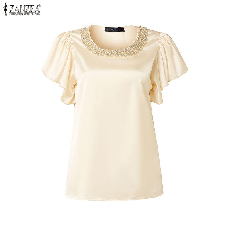 ZANZEA Women Pearl Splice Round Neck Casual Short Sleeve Satin Blouse