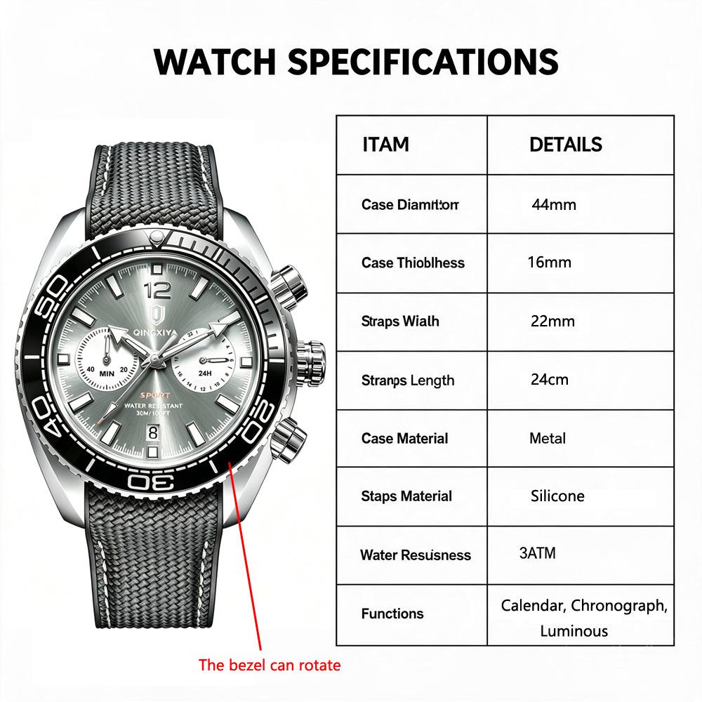 Mens Wrist Watches Waterproof Luminous Chronograph Watch Rotatable Bezel Rubber Band Analog Watch