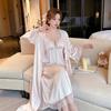 1011 Women's Summer Lace Suspender Nightdress Sexy Ice Ribbon Chest Pad Nightgown Two-piece Set Summer Thin Home