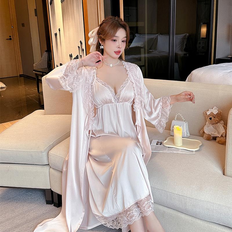 1011 Women's Summer Lace Suspender Nightdress Sexy Ice Ribbon Chest Pad Nightgown Two-piece Set Summer Thin Home
