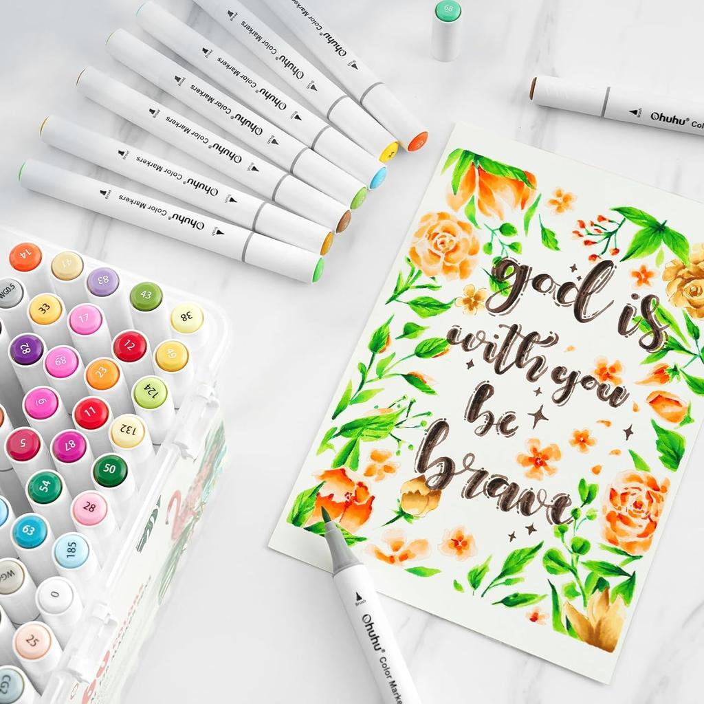 Markery artystyczne Ohuhu 60 sztuk w 59 kolorach z pędzelkiem, akwarelowe, idealne do kolorowania obrazków, z etui do przechowywania. Markery na bazie wody, Kolory, Końcówka, Marker, Na bazie wody