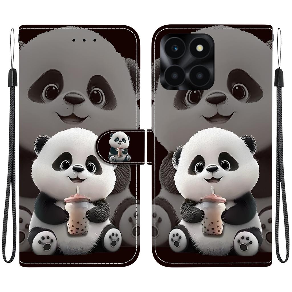 Handmade PU Leather Flip Case for Honor X6a Anti-Slip Shockproof Cover with Wrist Strap & Heart/Rose Cat Designs