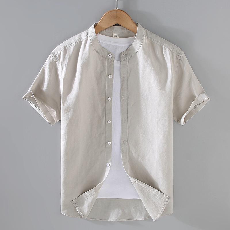 Men's Cotton Linen Short-Sleeved Shirt Summer Streetwear Plain Color Stand Collar Casual Beach Style plus Size M-3XL