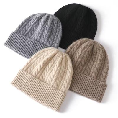 Kaschmir-Mischung Dicke Vintage Zopfmuster Mützen Damen Uni Gerippter Saum Weiche Strickmütze Hut Wolle Herbst Winter Warme Skull Caps