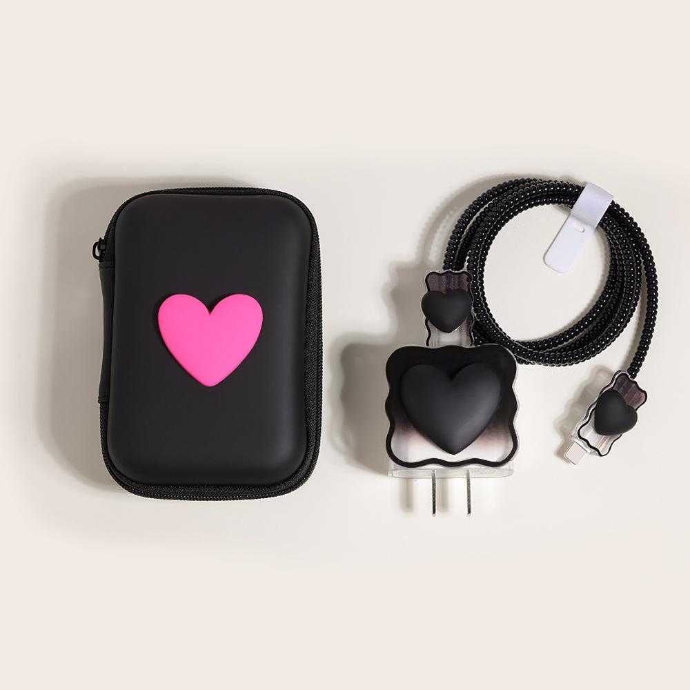 Korea Cute 3D Love Heart+EVA Storage Bag Set Charger Cover For iPhone 11 12 13 14 15 16 Pro Max 18W-20W Charge Protection Sleeve