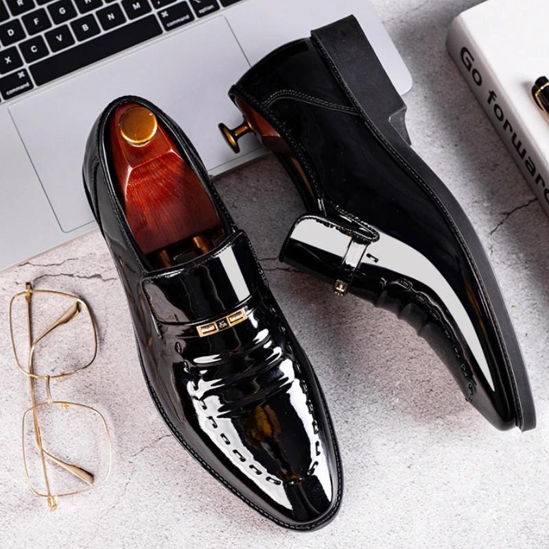 Luxury Men Dress Shoes Designer Patent Leather Shoes Male Slip On Loafers High Quality Pointed Toe Men Wedding Party Shoes 38-49