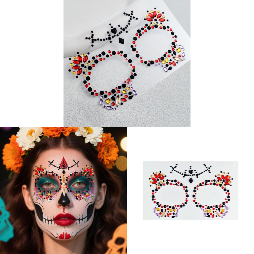 Skull Face Diamond Sticker With Colorful Flowers For Party Makeup And Stage Decor