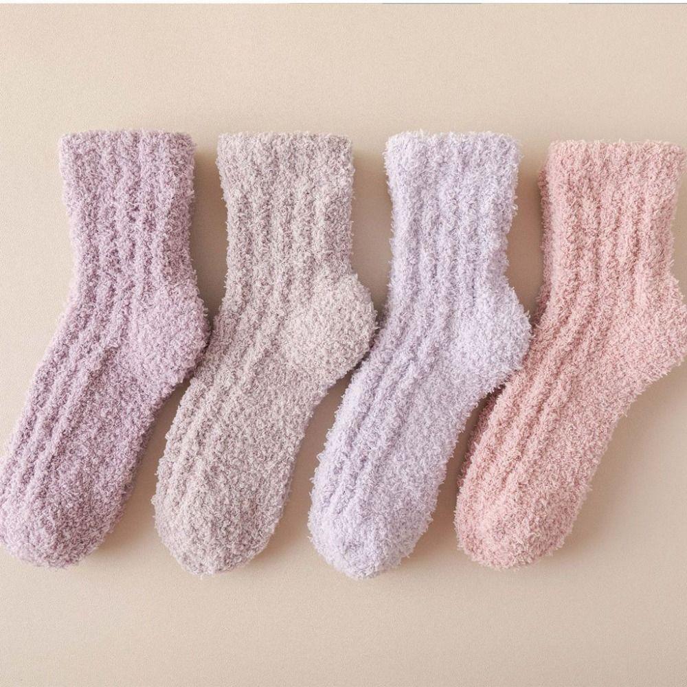 4Pairs Thickened Coral Fleece Socks Winter Mid Tube Socks Women Floor Plush Socks For Female Men