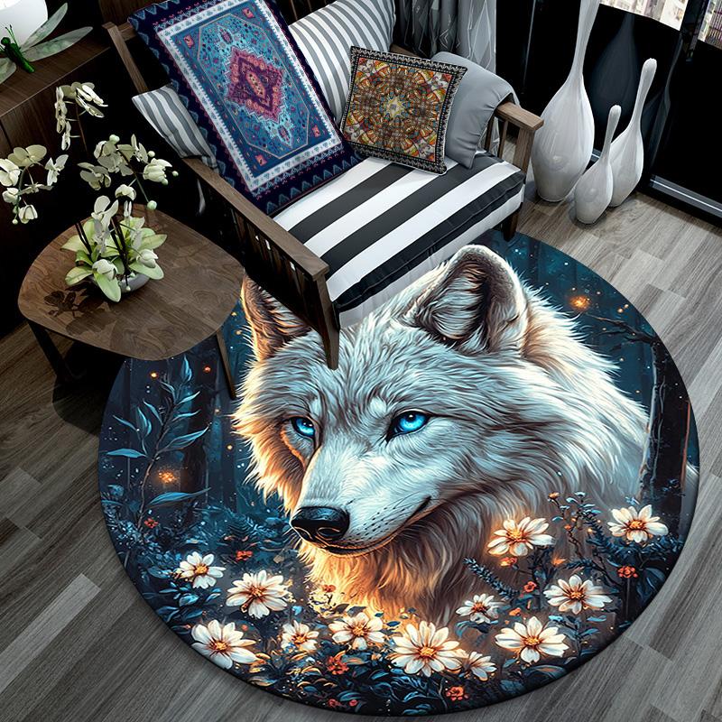 Wolf in Moonlit Round Area Rug,Carpet Rug for Living Room Bedroom Sofa Playroom Decor,Non-slip Floor Mat