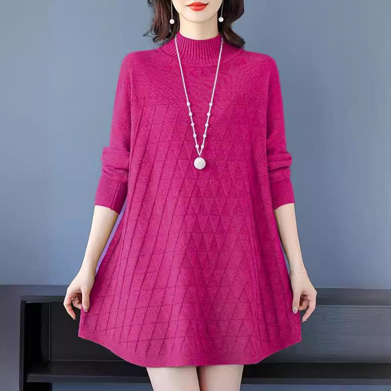 Half Turtleneck Knitted Dress for Women In Autumn and Winter Long-sleeved Mid-length Sweater Loose and Casual Pullover