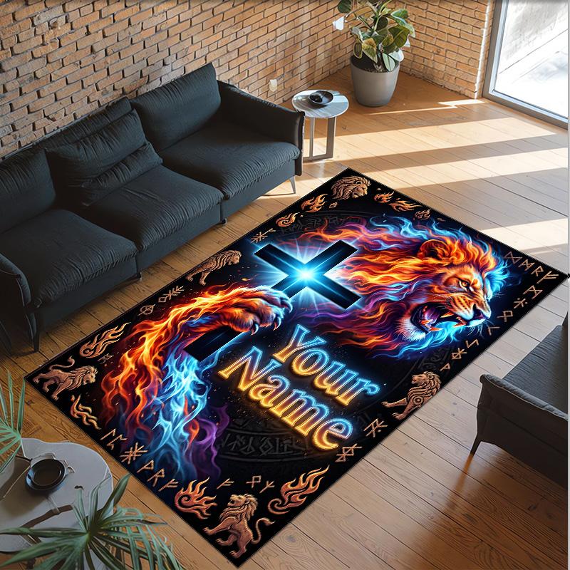 Lion Tiger Theme Crystal Velvet Rug Personalized Custom Name Text Soft Floor Mat Home Decor