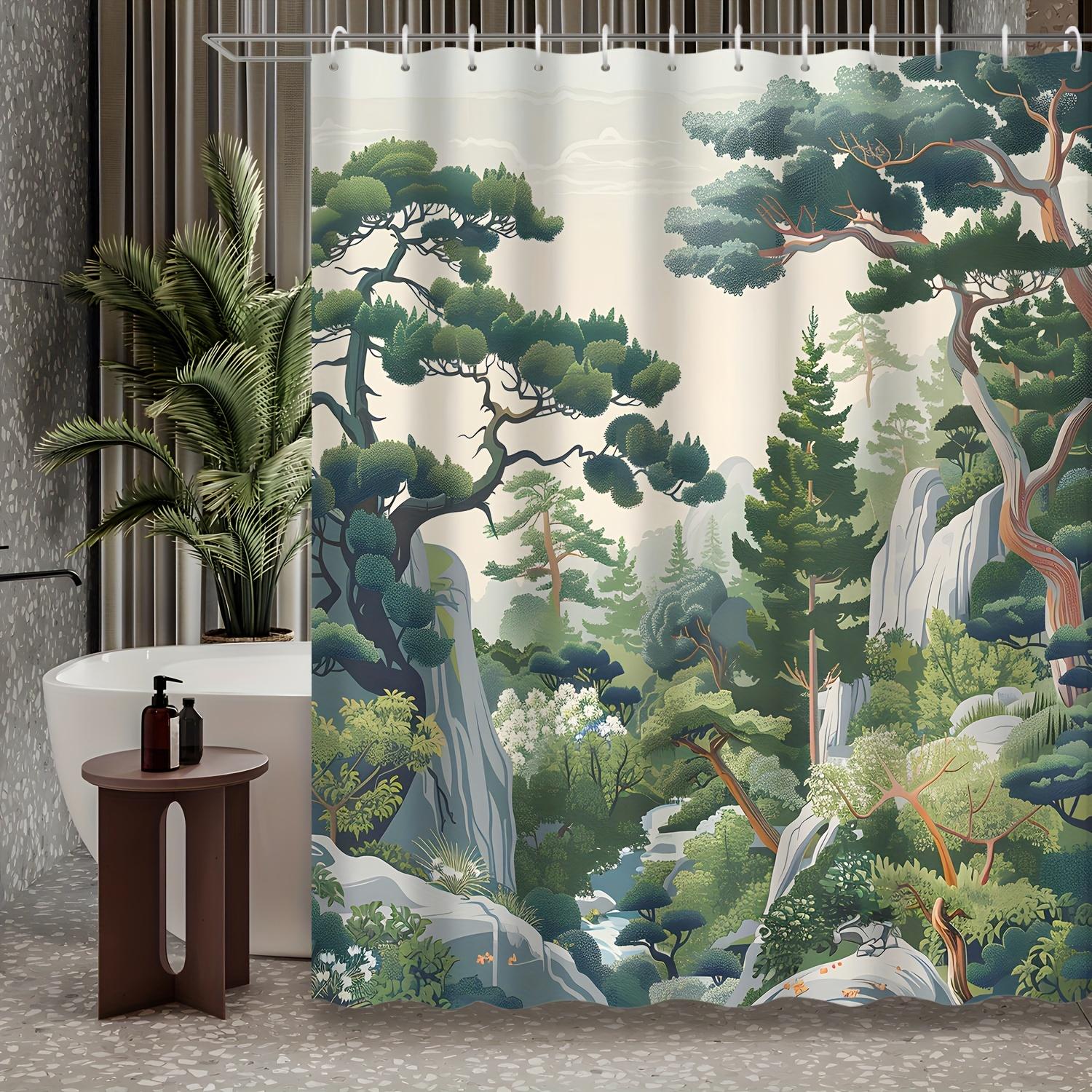 

1pc Chinese Style Mountain Forest Pine River Alpine Shower Curtain, 12 Hooks Shower Curtain, Bathroom Decoration 90x180cm35x71in