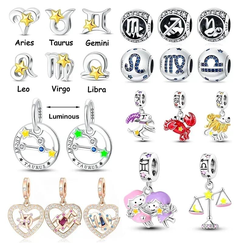 Cartoon Taurus Gemini Star Heart Twelve Zodiac Sign Set Original Copper Charms Beads Fit Bracelet Diy Birthday Women Gift