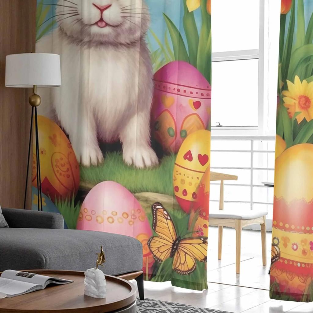 Ostereier-Häschen-Aquarell-Blumen-Tüllvorhänge für Wohnzimmer, durchsichtiger Vorhang für Schlafzimmer, Küche, Jalousien, Voile-Vorhänge