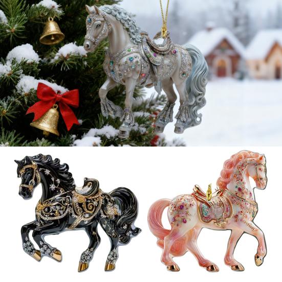 2 Pcs Horse Christmas Ornament Acrylic Sparkly Rhinestones Horse Hanging Decoration 2D Flat Christmas Tree Ornament for Horse Lovers