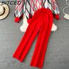 BITCED Conjunto de Moda para Mujer Otoño Invierno Suéter Holgado de Manga Larga a Cuadros Conjunto de Dos Piezas Pantalones de Punto Rectos de Pierna Ancha Adelgazantes de Cintura Alta