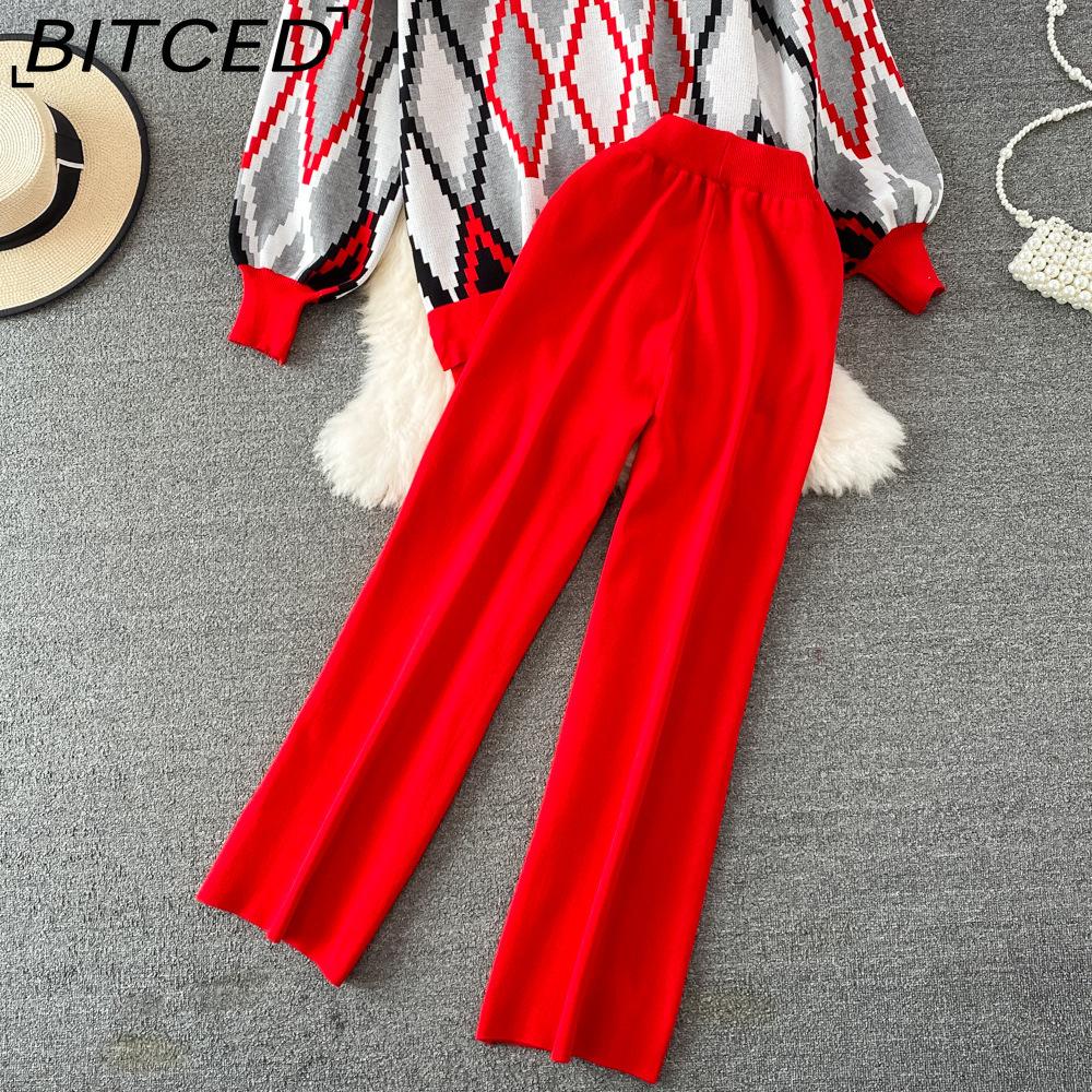 BITCED Conjunto de Moda para Mujer Otoño Invierno Suéter Holgado de Manga Larga a Cuadros Conjunto de Dos Piezas Pantalones de Punto Rectos de Pierna Ancha Adelgazantes de Cintura Alta
