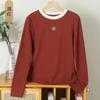 Women's New Stitched Pullover Round Neck Loose Bottoming High-end Contrast Color Camellia Casual Long Sleeve Tops
