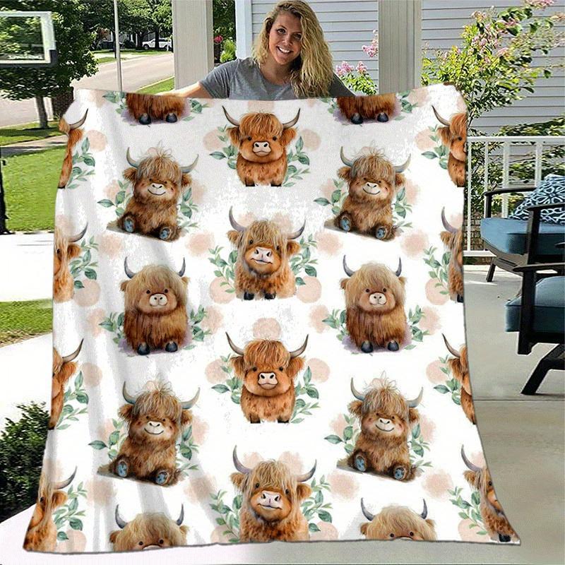 1pc Highland Cow Printing Lightweight Flannel Blanket, Comfortable and Warm Blanket, for Camping Sofa Bed and Couch Office, in All Seasons