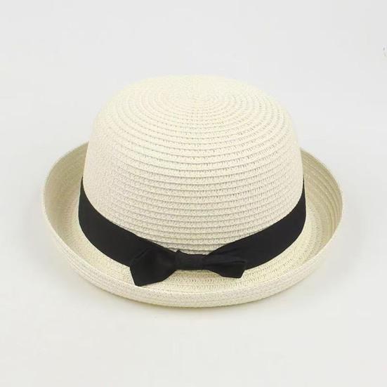 Parent-child Beach Hat Dome Curved Brim UV Protection Hat Handwoven Summer Outdoor Straw Hat with Black Satin Ribbon Bow