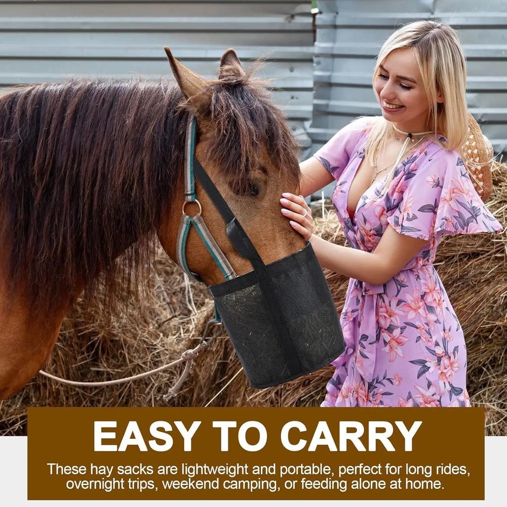 Horse Hay Feeding Bag Neck Hanging Adjustable Slow Feeder Cow Sheep Straw Bag Portable Outdoor Livestock Feed Net Holder