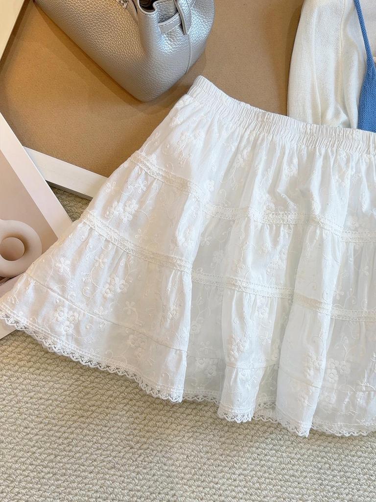 Women's High-Waist White Lace Trim A-Line Short Skirt with Jacquard Embroidery - Summer 2026
