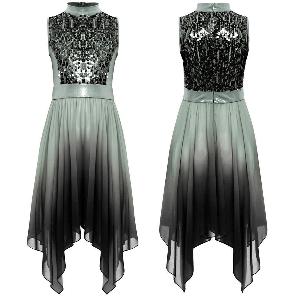 Girls Liturgical Dance Dress - Sleeveless Mock Neck Tunic with Asymmetrical Hem & Shiny Sequins for Worship Performance