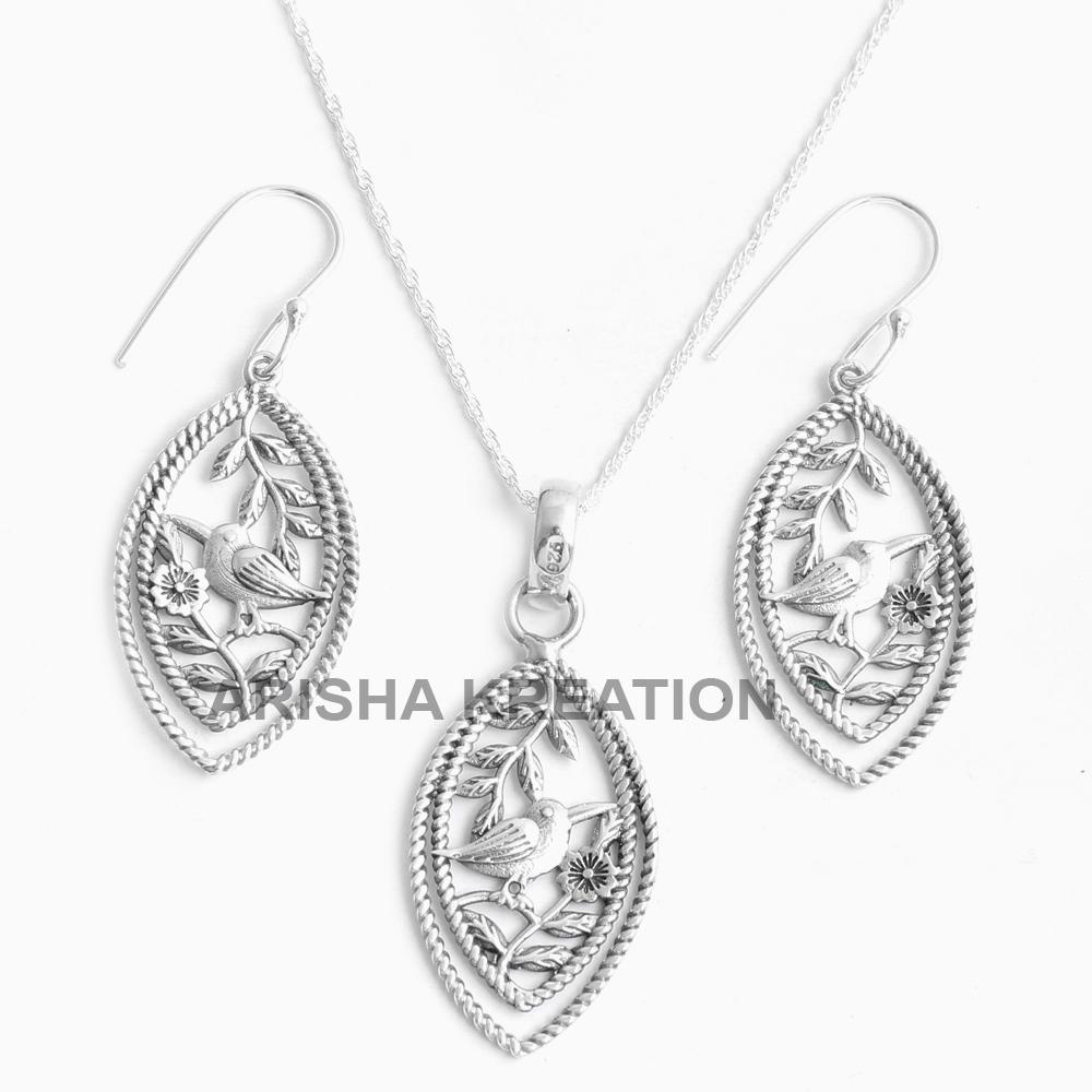 Bird Pendant Earring Set, 925 Sterling Silver Handmade Jewelry, Silver Pendant Earring Set, Animal Jewelry