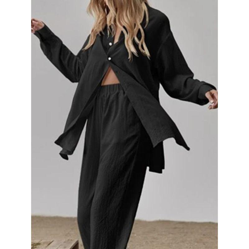 

Fashion Style Fashion Amazon Long Sleeves Temperament Commute Skin Color Linen Pure Color Slit Long Shirt and Loose Pants Suit Dark blue XL