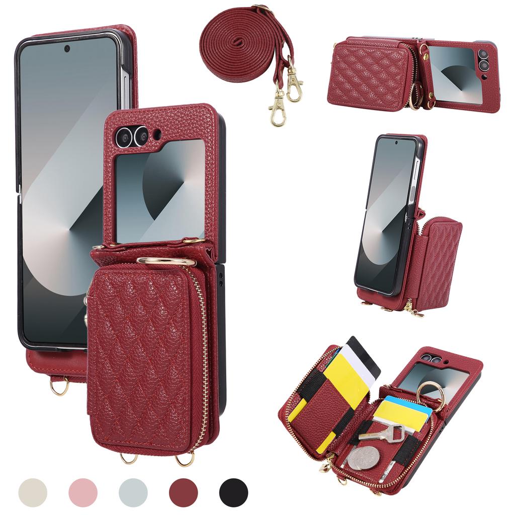 Crossbody Zipper Cards Solt Wallet Leather Case For Samsung Galaxy Z Flip 7 7FE 6 5 4 3 Long Lanyard Bag Grid Ring Holder Cover