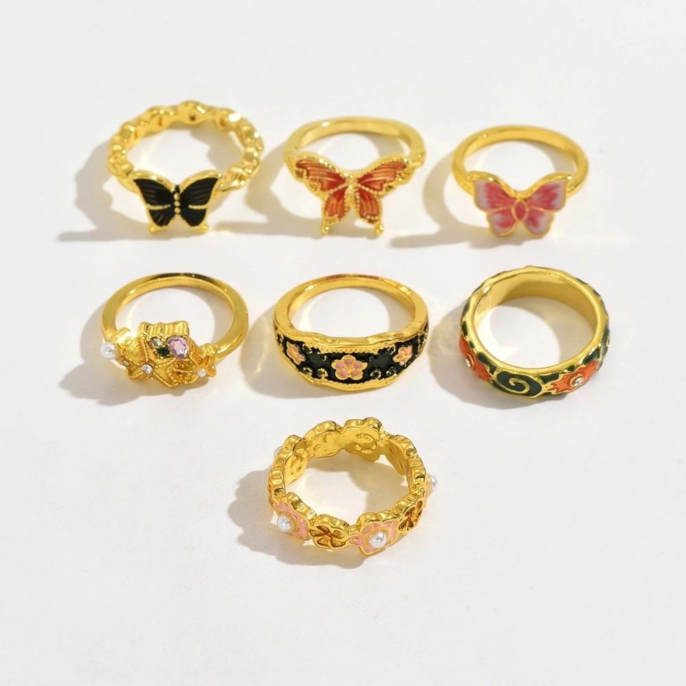 7Pcs/Set Rhinestone Flower Ring Set Camellia Flower Irregular Rings Unique Enamel Finger Rings Gift